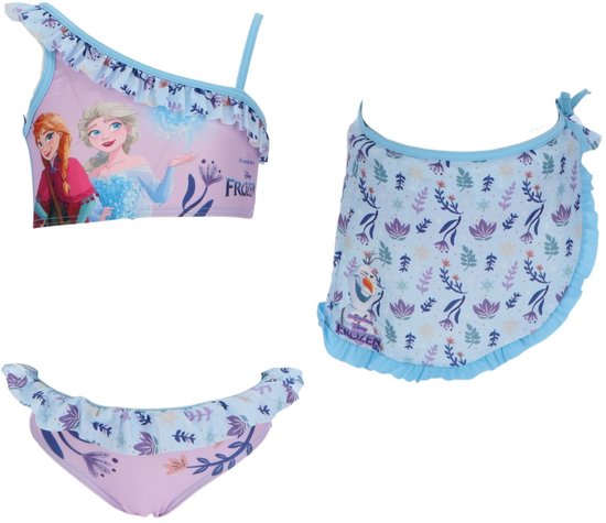 Roze bikini met spaghettibandjes en ruches, met Elsa en Anna uit Frozen. De bijpassende sarong is bedrukt met bloemen en Olaf.