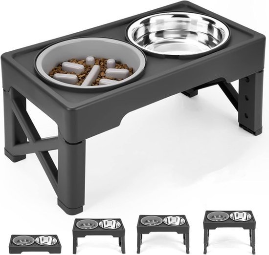 BOTC Voerbak Hond met Standaard - Voerbak Kat - Anti Schrokbak Hond - Verhoogde Voerbak - 4 Hoogtes - Slow Feeder - Zwart