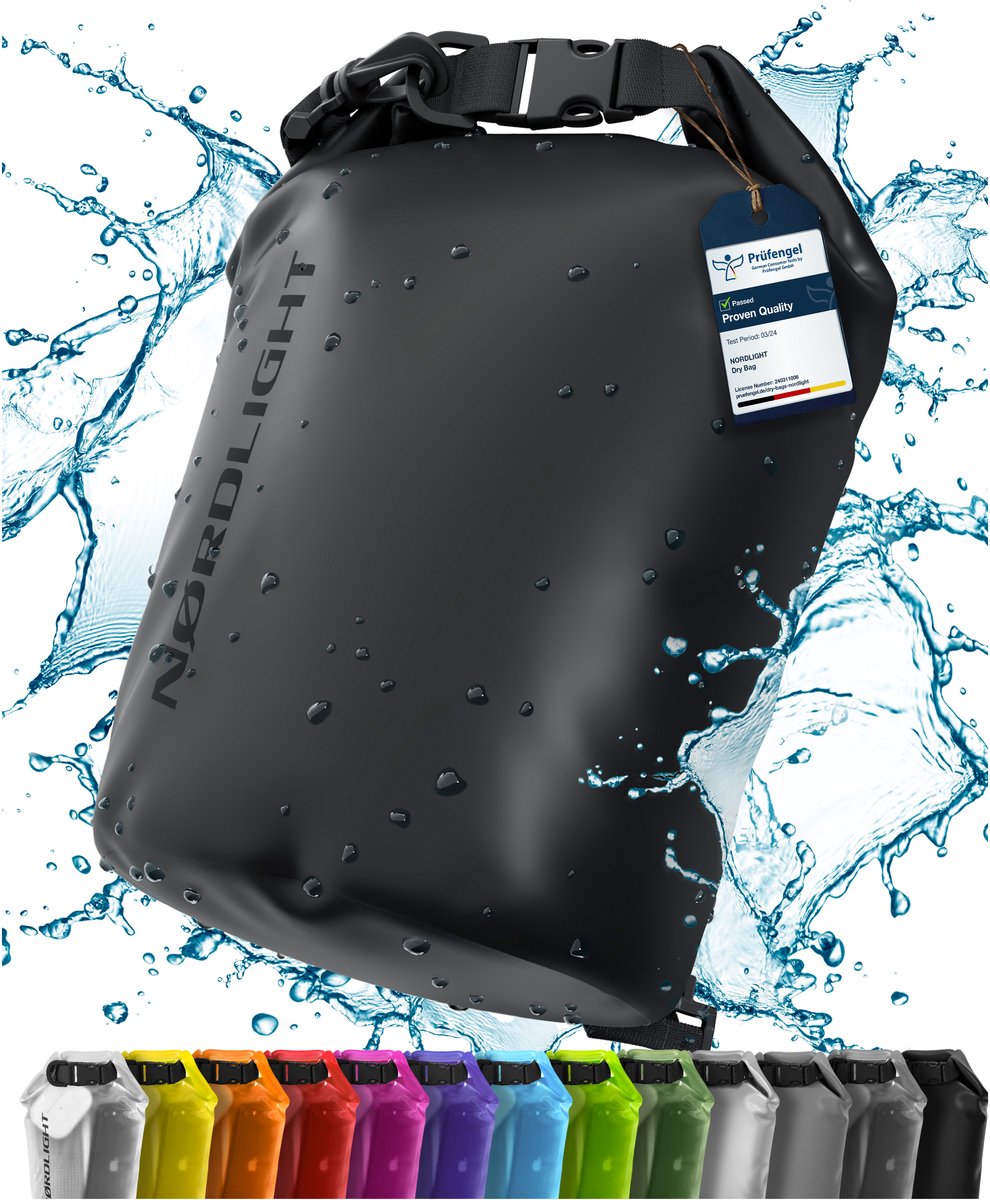 NORDLIGHT Dry Bag en Waterdichte Tas - (20L, Zwart) Waterdichte verpakkingstas met rolsluiting en schouderriem | Zwemmen, strand, kanoën, staand peddelen, duiken