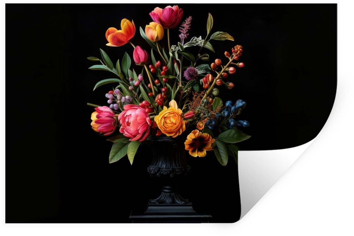 Muurstickers - Sticker Folie - Tulpen - Bessen - Boeket - Vaas - 120x80 cm - Plakfolie - M