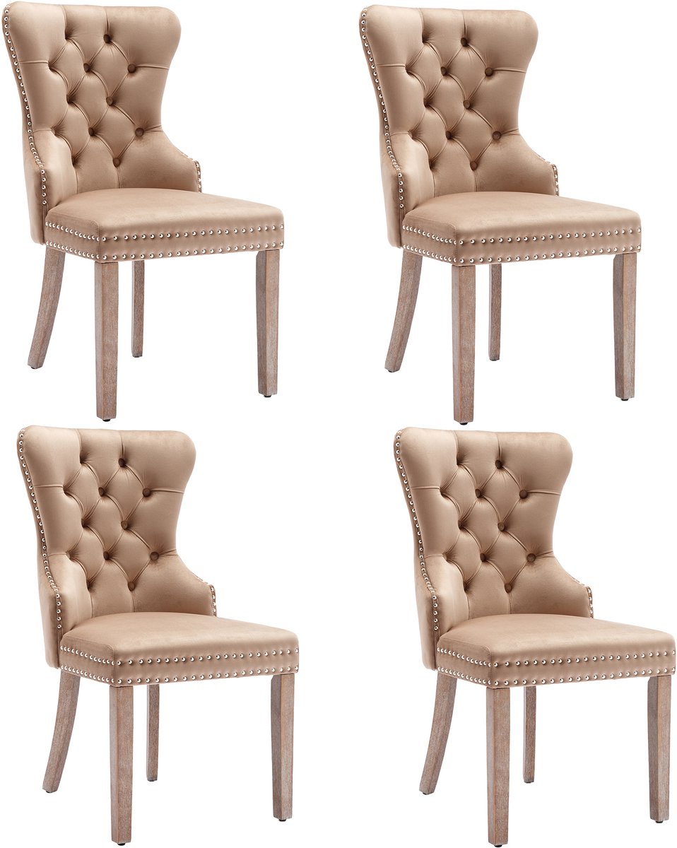 Merax Eetkamerstoelen Set van 4 - Klassieke Fluwelen Stoelen met Rugtrekring en Siernagels - Keukenstoelen met Massief Houten Poten - Lichtbruin