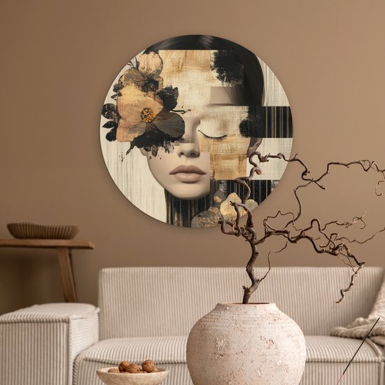 WallCircle® Cercle mural 60x60 cm - Cercle mural Visage - Fleurs - Zwart - Femme - Décoration murale salon - Décoration murale chambre - Accessoires de décoration de chambre - Tableaux ronds