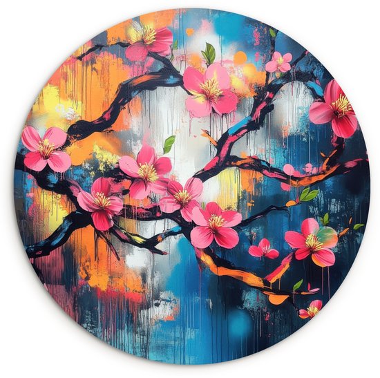 WallCircle® Wandcirkel 60x60 cm - Muurcirkel Bloemen - Tak - Artistiek - Roze - Muurdecoratie woonkamer - Wanddecoratie slaapkamer - Kamer decoratie accessoires - Ronde schilderijen