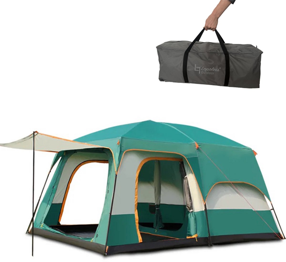 Bol.com Lopoleis® Kampeertent – Familietent tent 5+ personen– Koepeltent – Tunneltent – Waterdicht Oxford doek – Groen – 430x305... aanbieding