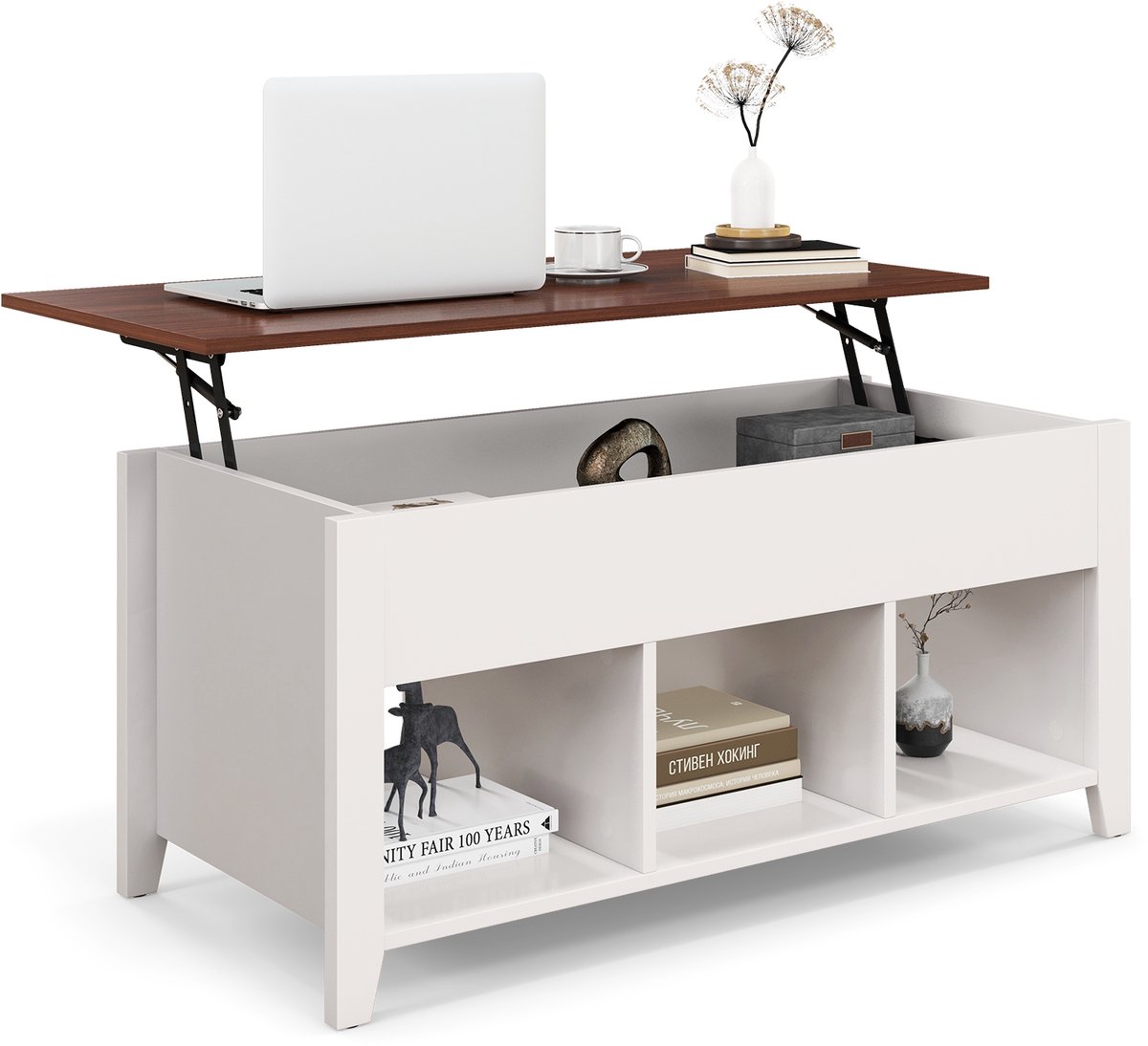 Costway Salontafel in hoogte verstelbaar, salontafel met hefplaat, opbergruimte en 3 open planken, bijzettafel van hout, koffietafel, theetafel voor woonkamer (wit)