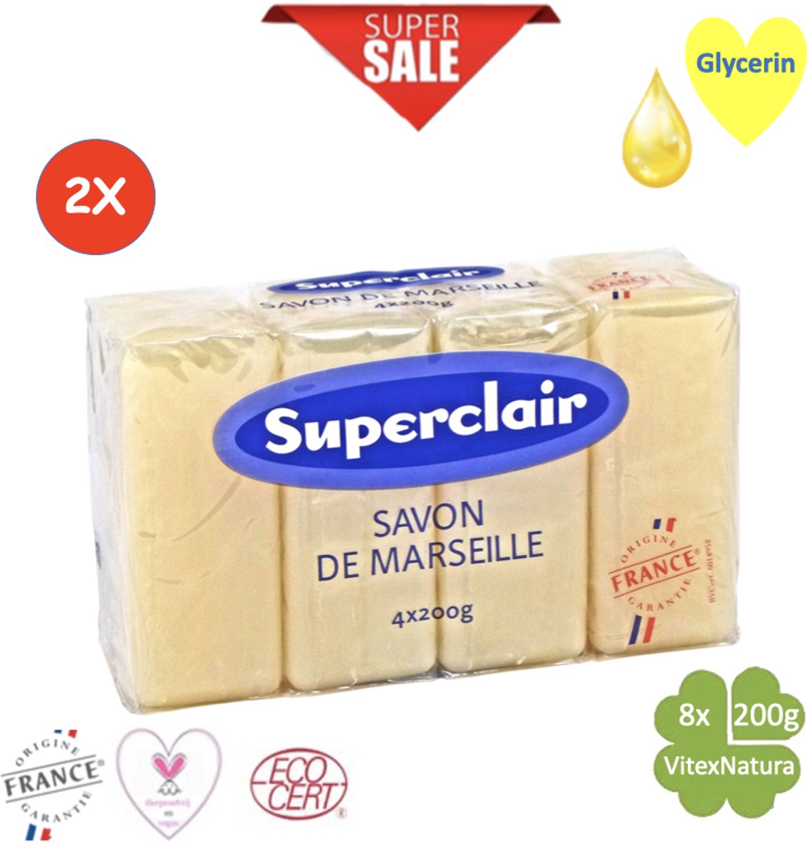 Goedkoopste Marseille zeep glycerine zeep stukken 8x200g. Superclair VOORDEEL pakket.