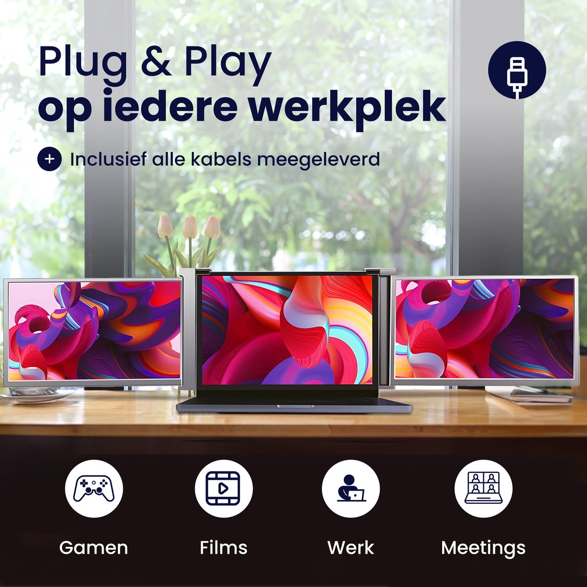 HoriVue Portable Monitor Max 15,6" Triple Screen Full HD 1920x1080 60Hz Draagbaar Extra Laptop Scherm Apple Windows - Afbeelding 2