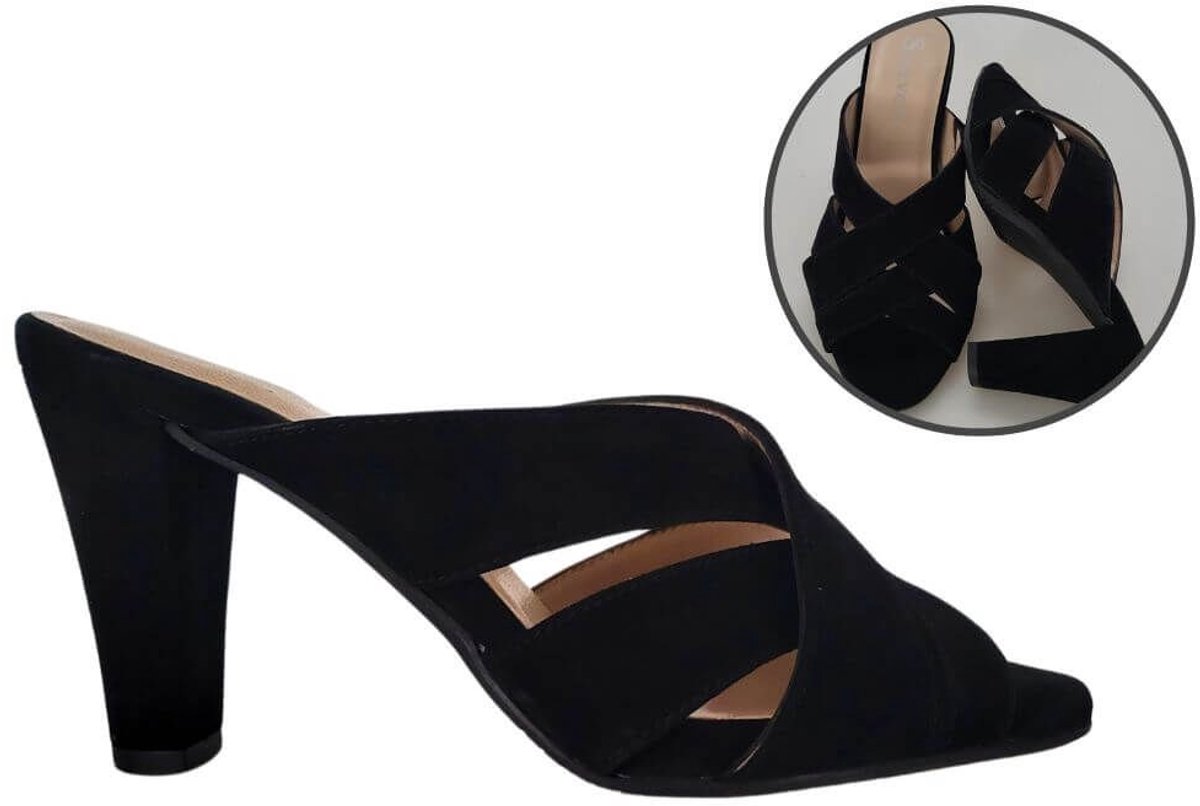 Stravers- Luxe Suede Muiltje met Hoge Hak Dames Maat 44 Grote Maten Muiltje Zwart