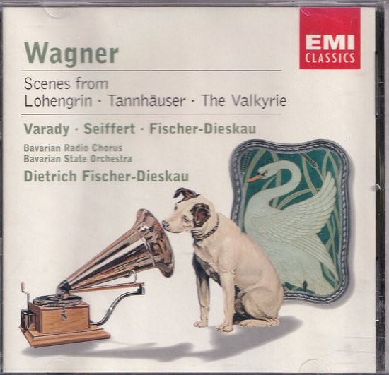 Een hond luistert aandachtig naar een oude platenspeler, met op de achtergrond een zwaan op een decoratief paneel. Tekst: Wagner, Scenes from Lohengrin, Tannhäuser, The Valkyrie.