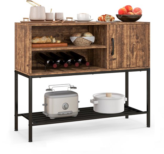 Buffet COSTWAY avec casier à vin et étagère en métal, meuble de cuisine en bois, cave à vin, 35 x 100 x 83 cm, table console, buffet pour salle à manger, salon, couloir, entrée, marron