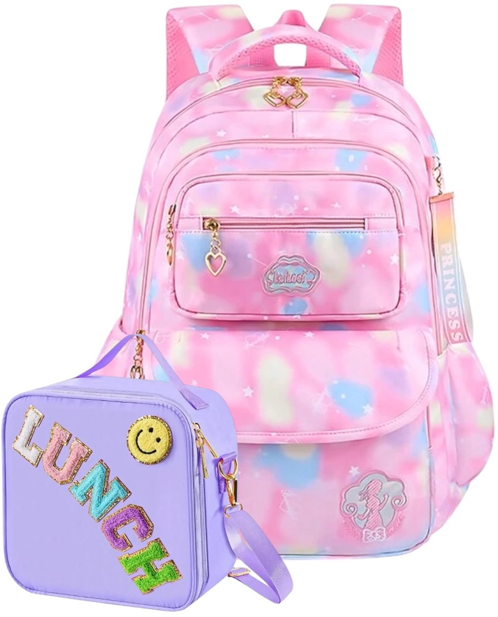 Ultiluxe® Rugzak met lunchtas - Roze/paars - 2 stuks - Schooltas voor kinderen - 40 x 26 x 18 cm - Princess sleutelhanger - 2-delige tassen set voor meiden - Rugtas met hartjes ritssluitingen - Meisjes crossbody tas - Kleine schoudertas met smiley