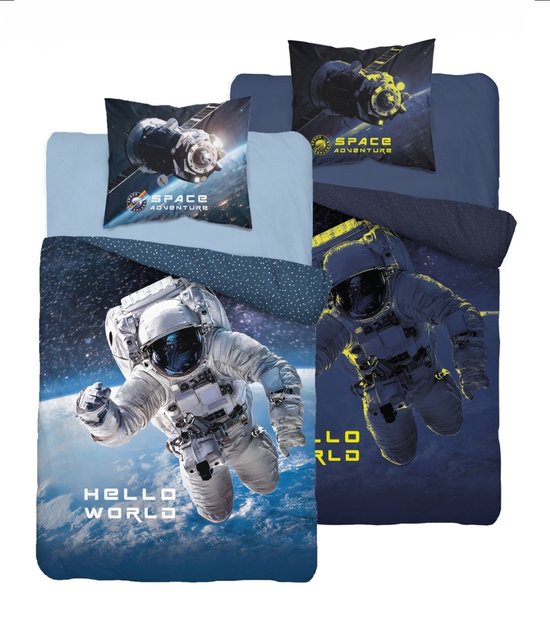 Dekbedovertrek met 1 kussenslop 160 cm x 200 cm - katoen - astronaut - ruimte - licht in het donker - glow in de dark - lichtgevende