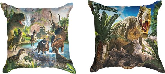Ulticool Kussenhoes – Dinosaurus Groep T – Rex – Set van 2 Kussens – Exclusief Kussenvulling – Sierkussens 45x45 cm – Sierkussenhoes Kussentjes Bank Decoratie Slaapkamer Kinderkamer Dino Groen