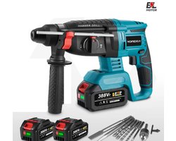 Krachtige Elektrische Klopboor – Borstelloze motor - 1680W - 26mm - Draadloos - 4 Functies - 3500RPM - 4800IPM – Geschikt voor Beton, Graniet, Baksteen en Muren – Met 2x 15000mAh 388VF Batterijen - 10 Accessoires – Water en Stof bestendig