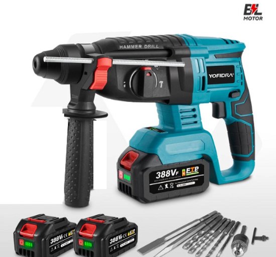 Krachtige Elektrische Klopboor – Borstelloze motor - 1680W - 26mm - Draadloos - 4 Functies - 3500RPM - 4800IPM – Geschikt voor Beton, Graniet, Baksteen en Muren – Met 2x 15000mAh 388VF Batterijen - 10 Accessoires – Water en Stof bestendig