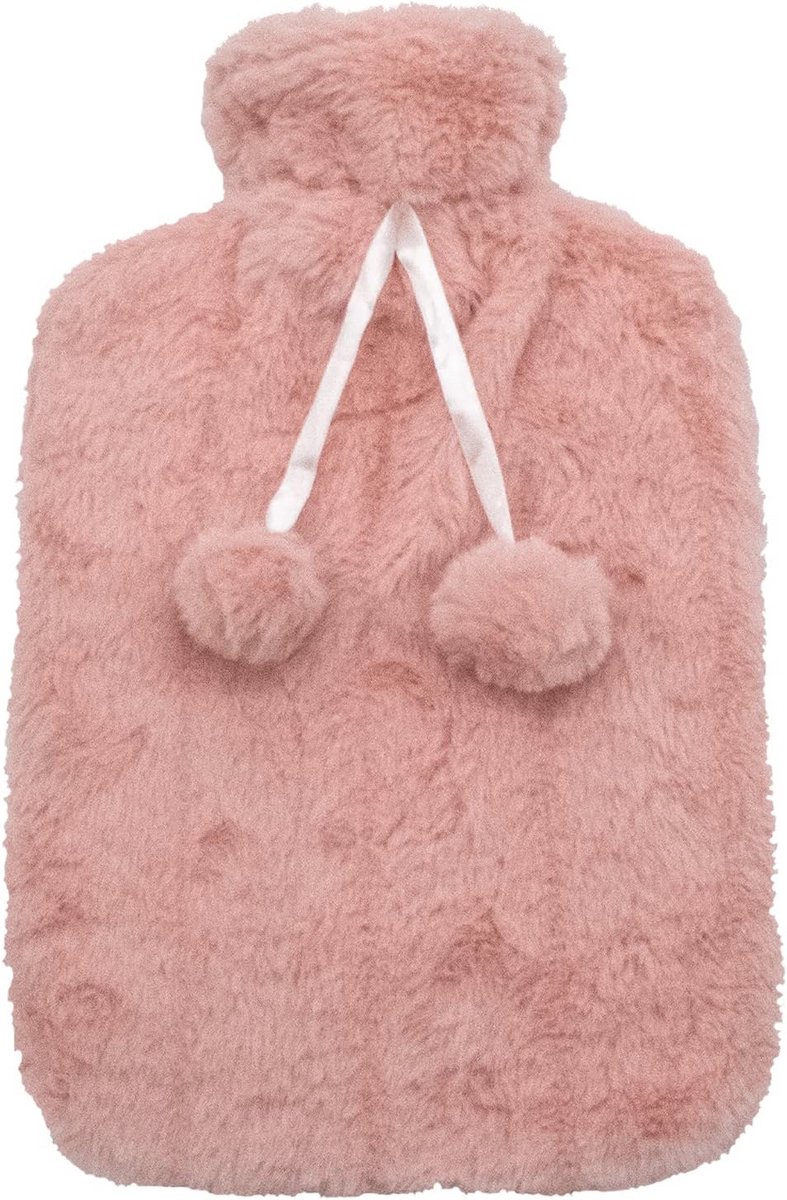 Pluizige warmwaterkruikhoes - Blush roze met pompons voor 2 liter fles - Perfect voor koude dagen