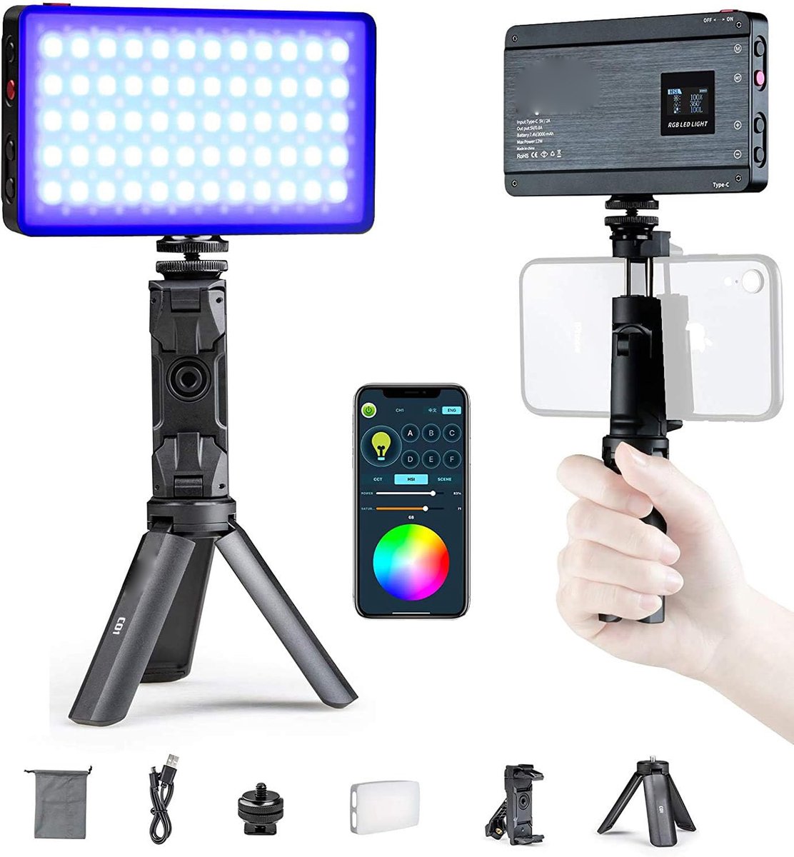 RGB Videolamp met App-bediening en Statief - Oplaadbare Ingebouwde Accu - 360° Volledige Kleur - Dimbaar - 2500K-8500K - Camera Lichtpaneel met OLED Scherm en Duurzame Behuizing