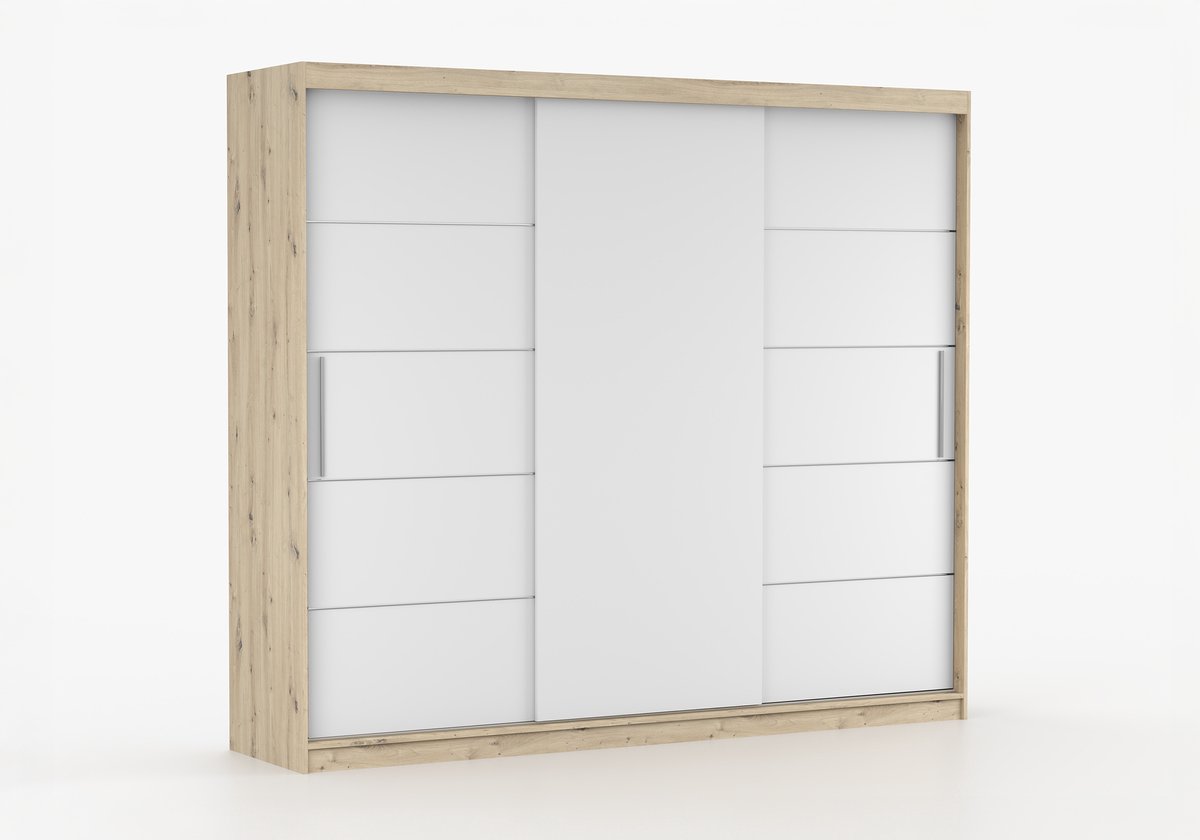 Schuifdeurkast ELBA II – 3-deurs kledingkast, legplanken en kledingroede – modern design – 250x218x61 cm - ELBA II (Artisan + Wit)