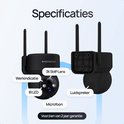 Specificaties van de zwarte Protectly beveiligingscamera: 3K 5MP lens, microfoon, luidspreker en 2 jaar garantie.