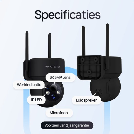Specificaties van de zwarte Protectly beveiligingscamera: 3K 5MP lens, microfoon, luidspreker en 2 jaar garantie.
