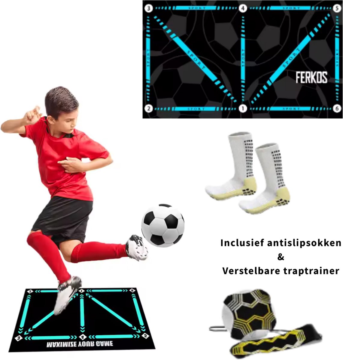 FerKos Voetbalmat - Voetbal Trainingsmateriaal - Voetbal - Voetbal spullen - Kinderen - Dribbel mat - Speelgoedboek - Voetbal mat - Soccer Roundabout - Voetbaltrainer - 60cm bij 40cm - Antislip - Inclusief gripsokken - Inclusief voetbaltraptrainer