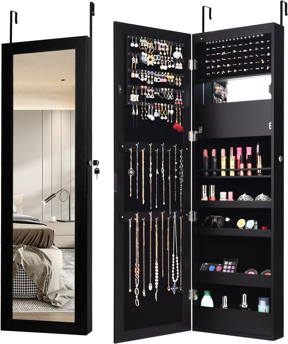 COSTWAY 120 cm sieradenkast met full-body spiegel en ingebouwde make-upspiegel, sieradensp