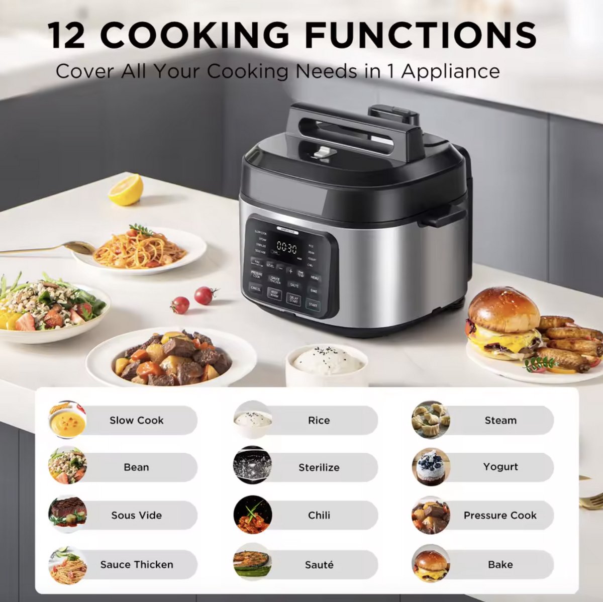 J&R Snelkookpan - 9-in-1 Multicooker - 6L snelkookpan - 12 kook functies - Rijstkoker - Rvs – foto 2