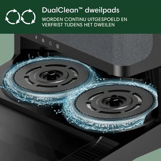 DualClean™ dweilpads worden continu uitgespoeld en verfrist tijdens het dweilen.
