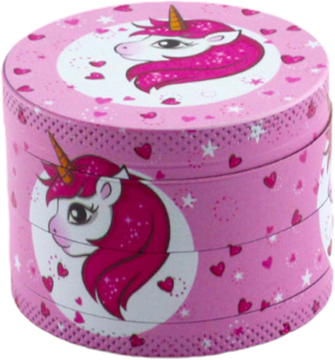 Roze kruidenmolen met eenhoorn-design - 50 mm, 4-delig, met zeef voor specerijen, pijnboompitten en chilipepers