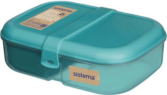 Boîte à lunch Sistema turquoise avec couvercle fermé et une bande bleue.