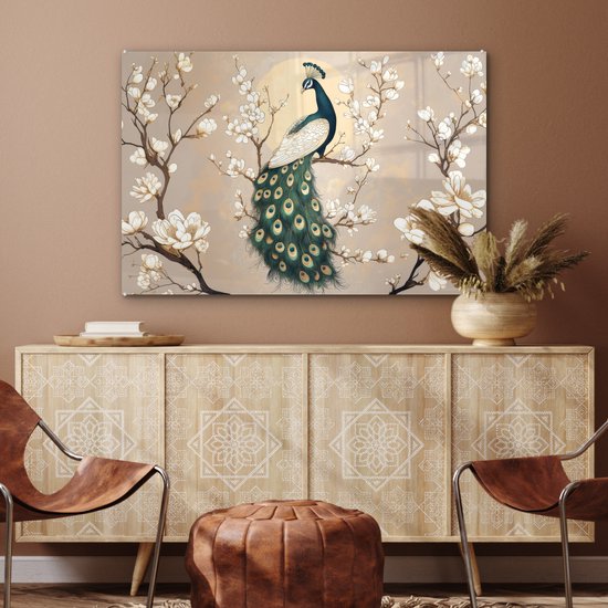 MuchoWow® Tableau sur verre 120x80 cm - Tableau sur verre acrylique - Paon - Branche - Fleurs - Photo sur verre - Décoration murale salon - Décoration murale chambre - Peintures