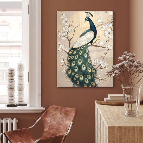 MuchoWow® Peinture sur verre 60x80 cm - Peinture sur verre acrylique - Paon - Branche - Fleurs - Photo sur verre - Décoration murale salon - Décoration murale chambre - Peintures
