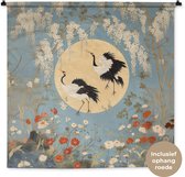 Wandkleed 150x150 cm - Wanddoek Kraanvogels - Maan - Bloemen - Blauw - Wandtapijt - Wandkleden