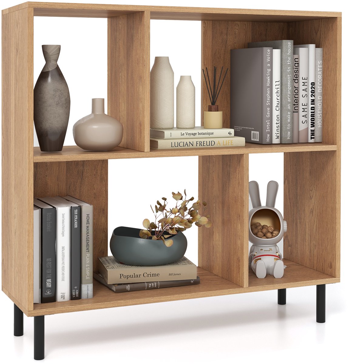 Costway Boekenkast met 4 vakken, staand rek met 2 niveaus, kubusrek, kantoorrek, opbergrek voor woonkamer, slaapkamer, werkkamer, kantoor, 90 x 30 x 90 cm Natuur