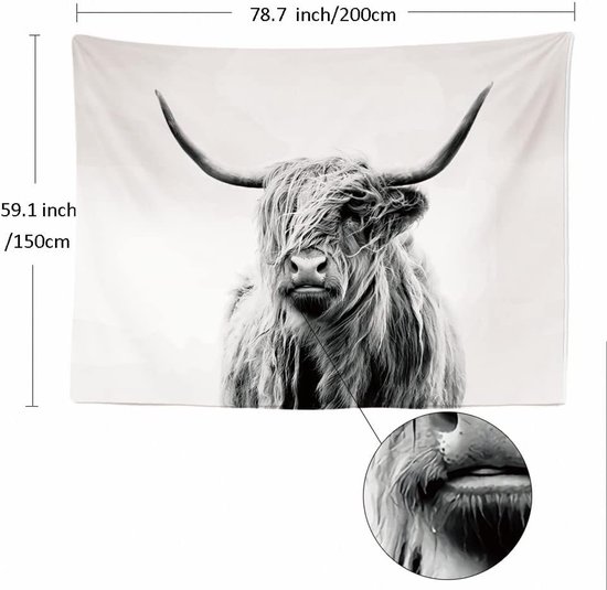 Ulticool Wandkleed 200x150 cm – Schotste Hooglander Koe Zwart Wit – Met Bevestigingspinnen - voor Binnen - Aesthetic Room Decor Wandtapijt Decoratie Poster Boho Wanddoek Slaapkamer Natuur Schilderij Canvas - Vrouw Man Tiener Meisje