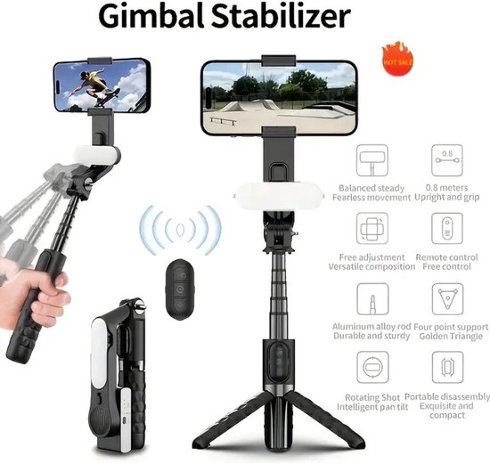 Stabiliserende Bluetooth Selfie Stick met Gimbal – Mee Bewegende Selfiestick voor iPhone & Samsung – Professionele Smartphone Stabilisator – Draagbare Gimbal voor Video & Foto