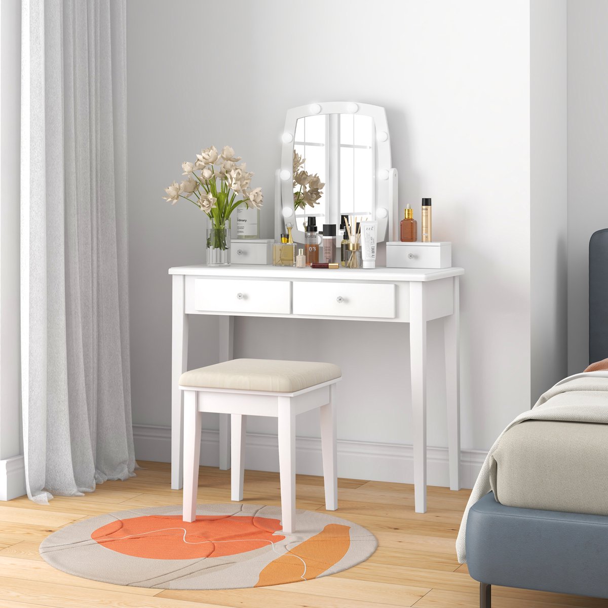 COSTWAY Make-uptafel met ledverlichting, instelbare helderheid, kaptafel met 4 laden, kruk en 360° draaibare spiegel, make-uptafel voor slaapkamer ( wit COSTWAY Make-uptafel met ledverlichting, instelbare helderheid, kaptafel met 4 laden, kruk en 360° draaibare spiegel, make-uptafel voor slaapkamer ( wit