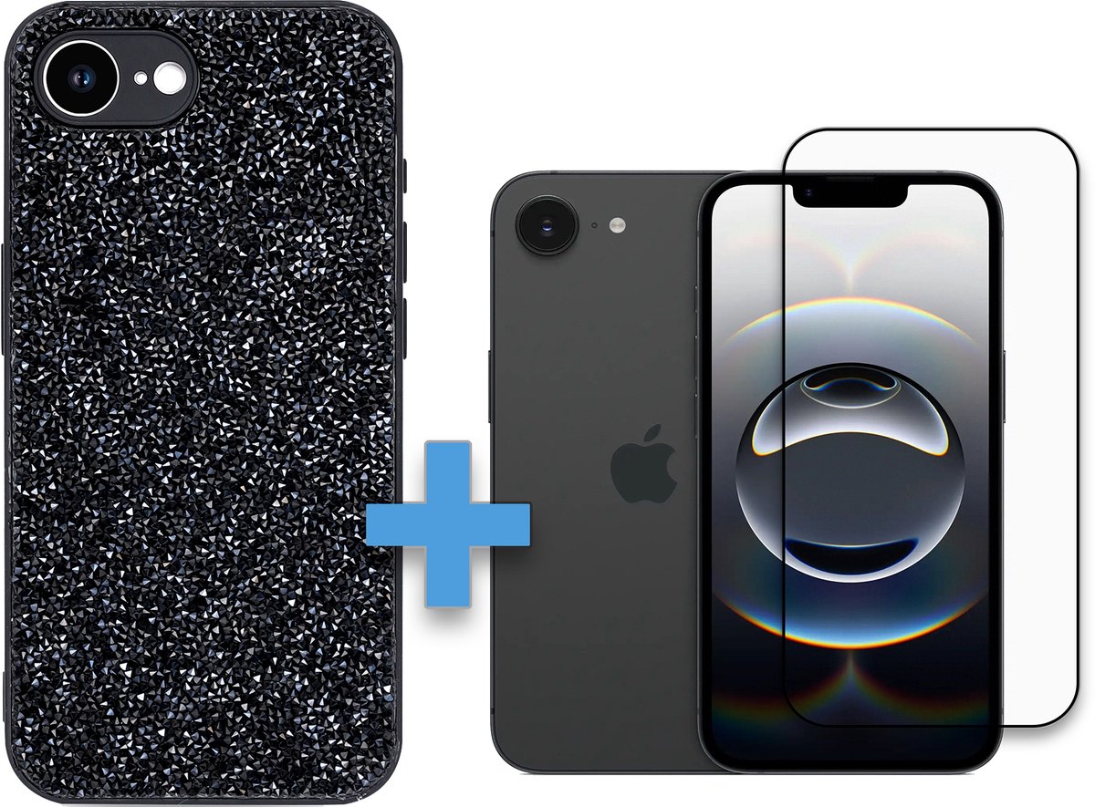 Casemania Hoesje Geschikt voor Apple iPhone 16e - Zwart - Diamant Glitter Back Cover / Volledige Dekkend Glazen Screenprotector
