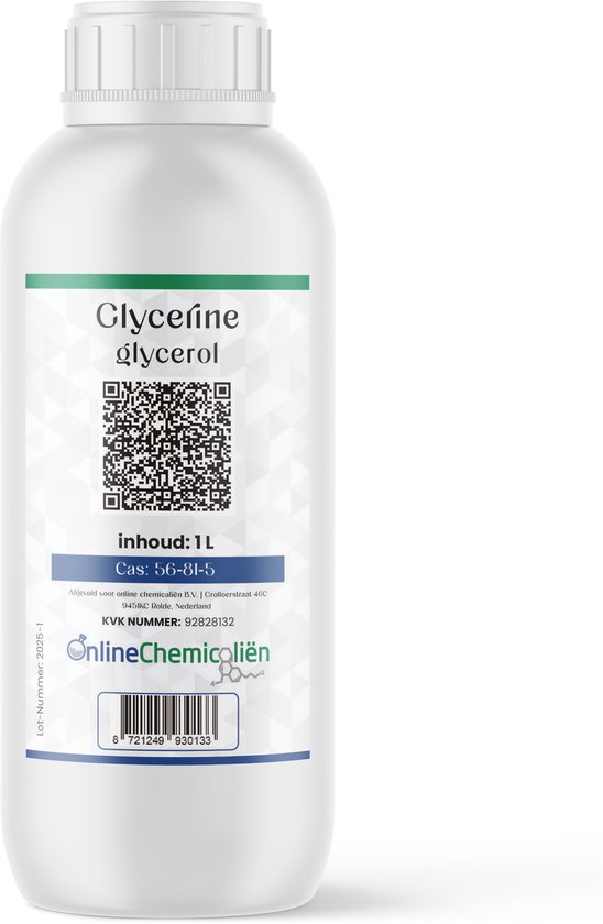 Een witte fles van 1 liter met het etiket 'Glycerine Glycerol'.