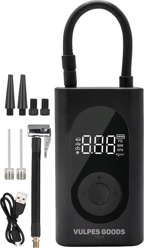 Vulpes Goods® Tech - Draagbare Compressor Bandenpomp - 6400mAh - Elektrische Fietspomp - Luchtcompressor voor Auto, Scooter, Fiets, Bal en Luchtbed - Incl. 7 opzetstukken - Zaklamp - Powerbank - PRO