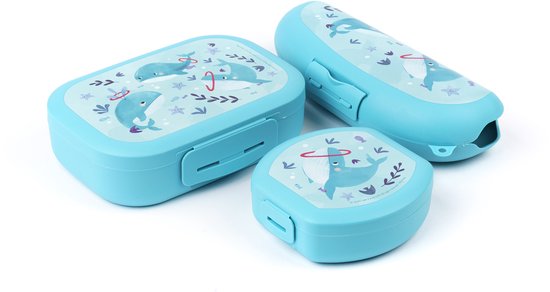Coffret déjeuner Sea Life - Baleine - Boîte à lunch - Boîte à collation - Boîte à banane - Sans BPA - 3 pièces - Blauw