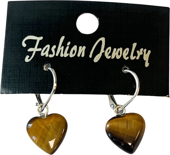 Boucles d'oreilles cœur œil de tigre - bijoux fantaisie