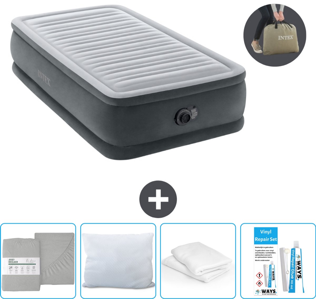 Intex Luchtbed - 1-Persoons - 99 x 191 x 46 cm - Grijs - Inclusief pomp - Hoeslaken - Kussen - Reparatieset en Kussenbeschermer