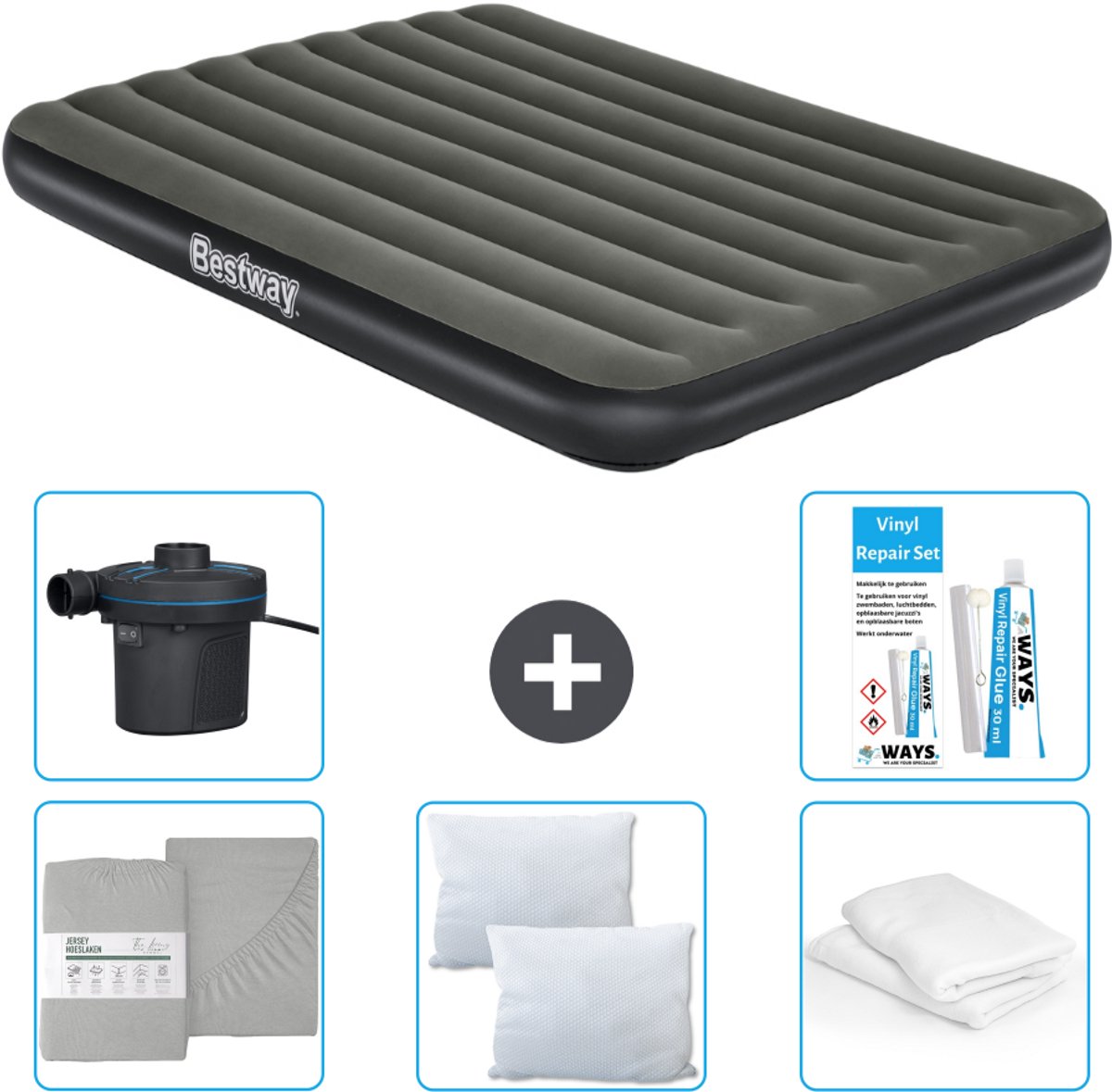 Bestway luchtbed - 2-Persoons - 152 x 203 x 25 cm - Groen - Inclusief Hoeslaken - Kussen - Kussenbeschermer - Pomp en Reparatieset