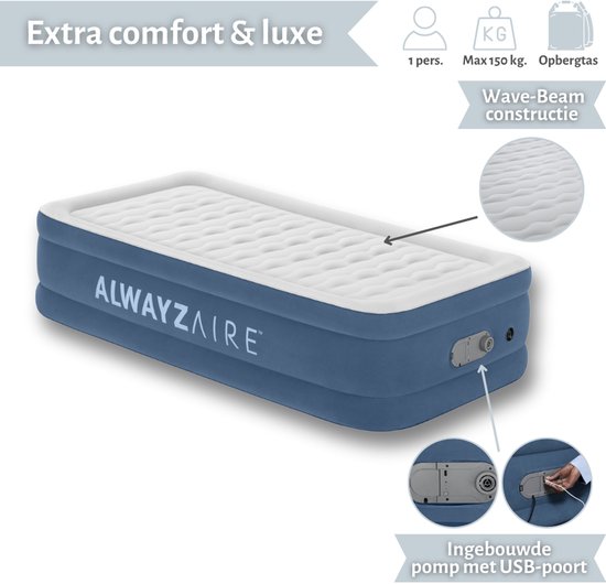 Bestway Alwayszair luchtbed - 1-Persoons - 97 x 191 x 46 cm - Blauw - Inclusief pomp - Kussen en Kussenbeschermer van Bestway — afbeelding 5