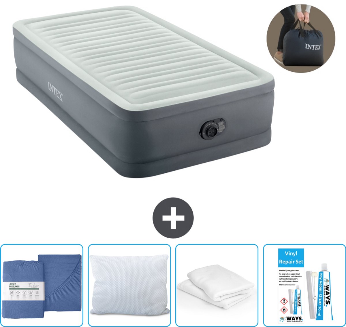 Intex Luchtbed - 1-Persoons - 99 x 191 x 46 cm - Grijs - Inclusief pomp - Hoeslaken - Kussen - Reparatieset en Kussenbeschermer