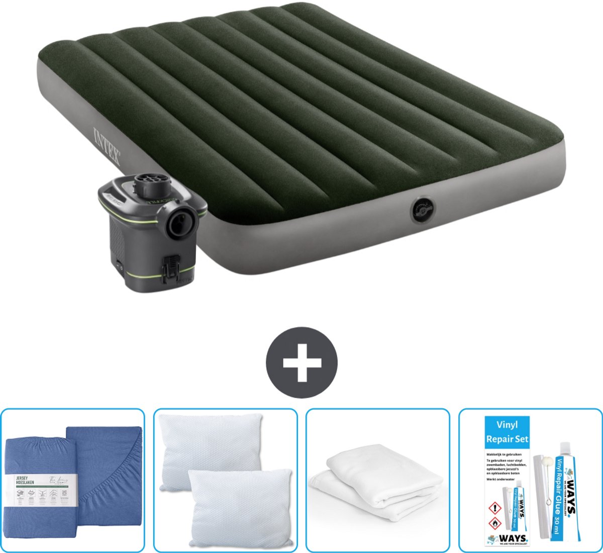 Intex Luchtbed - Twijfelaar - 137 x 191 x 25 cm - Groen - Inclusief pomp - Hoeslaken - Kussen - Reparatieset en Kussenbeschermer
