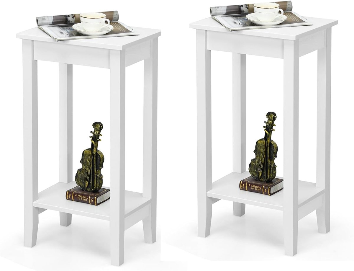 Costway Set van 2 bijzettafeltjes met plank, hoge 2 verdiepingen met 4 massief houten poten, rechthoekige opbergtafel, gangtafel, hout, plantentafel, houten tafel voor woonkamer, slaapkamer (wit)