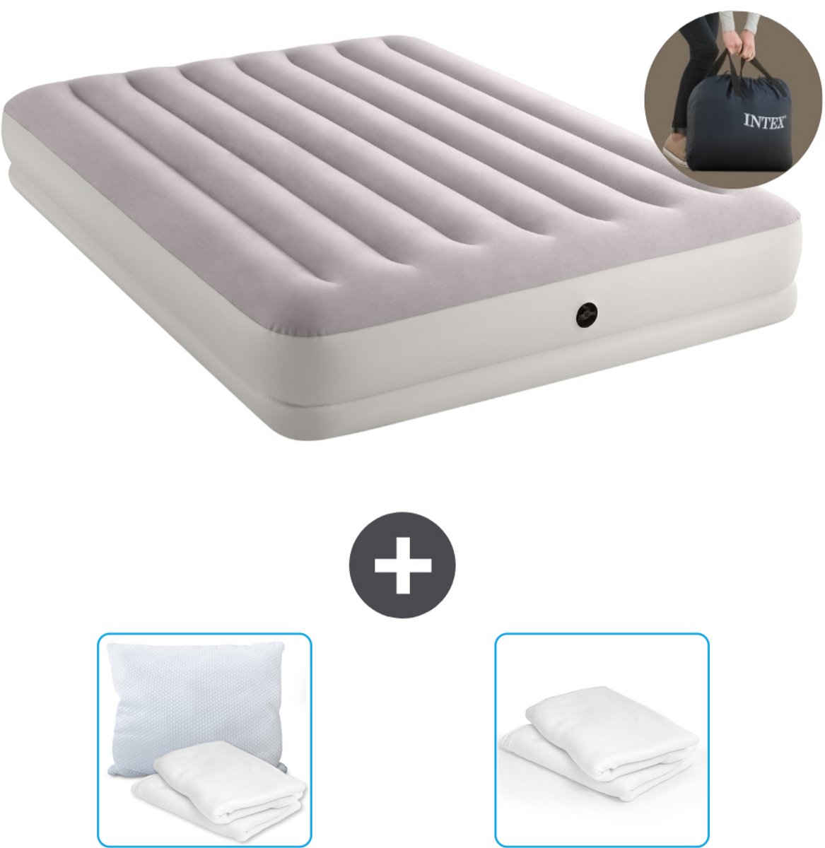 Intex Luchtbed - 2-Persoons - 152 x 203 x 30 cm - Grijs - Inclusief pomp - Kussen en Kussenbeschermer