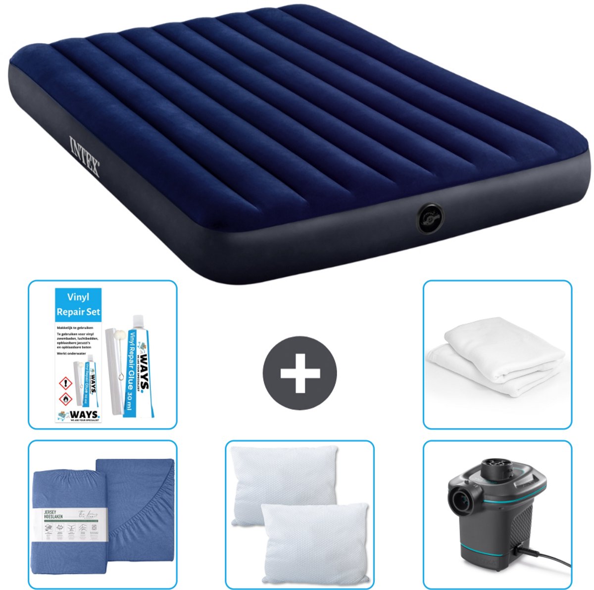 Intex Luchtbed - 2-Persoons - 152 x 203 x 25 cm cm - Blauw - Inclusief Hoeslaken - Kussen - Pomp - Reparatieset en Kussenbeschermer
